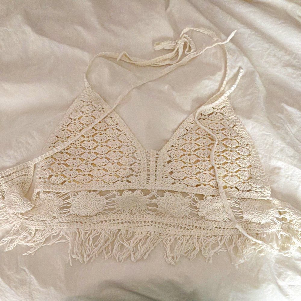 White Lace Halter Bralette Bra Wireless Tie Closure Adjustable Strap One Size